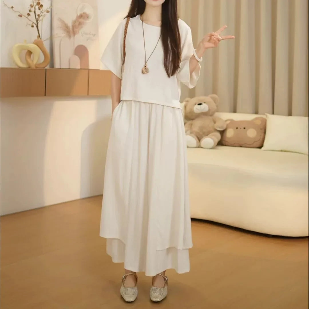 Fashionable Summer Outfit Women's Slimming Short Sleeve T-Shirt Skirt Pants Drapey Casual Meat Concealing Two-Piece Set