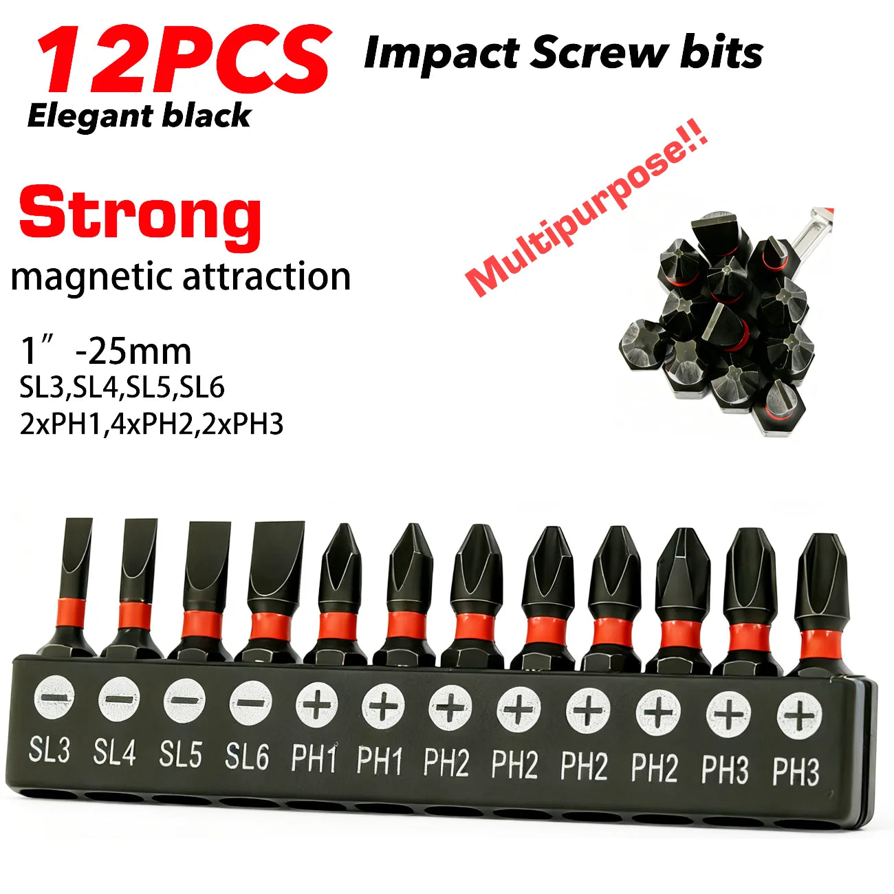 12/24 Pieces of Ph/Sl High-Strength Impact-Resistant Screwdriver Bit Set, 25/50mm S2 Alloy Steel with Strong Magnetism, Suitable for Power Tools