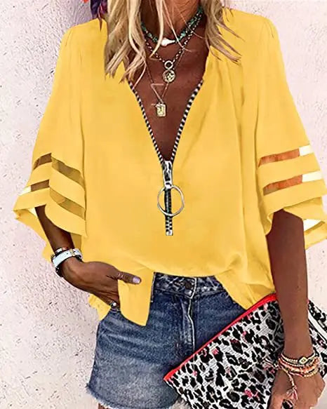 Summer Shirt Elegant Women Lace Patchwork Flared Sleeve Mesh White Blouse Women Zipper V-Neck Loose Casual Tops Streetwear Femal