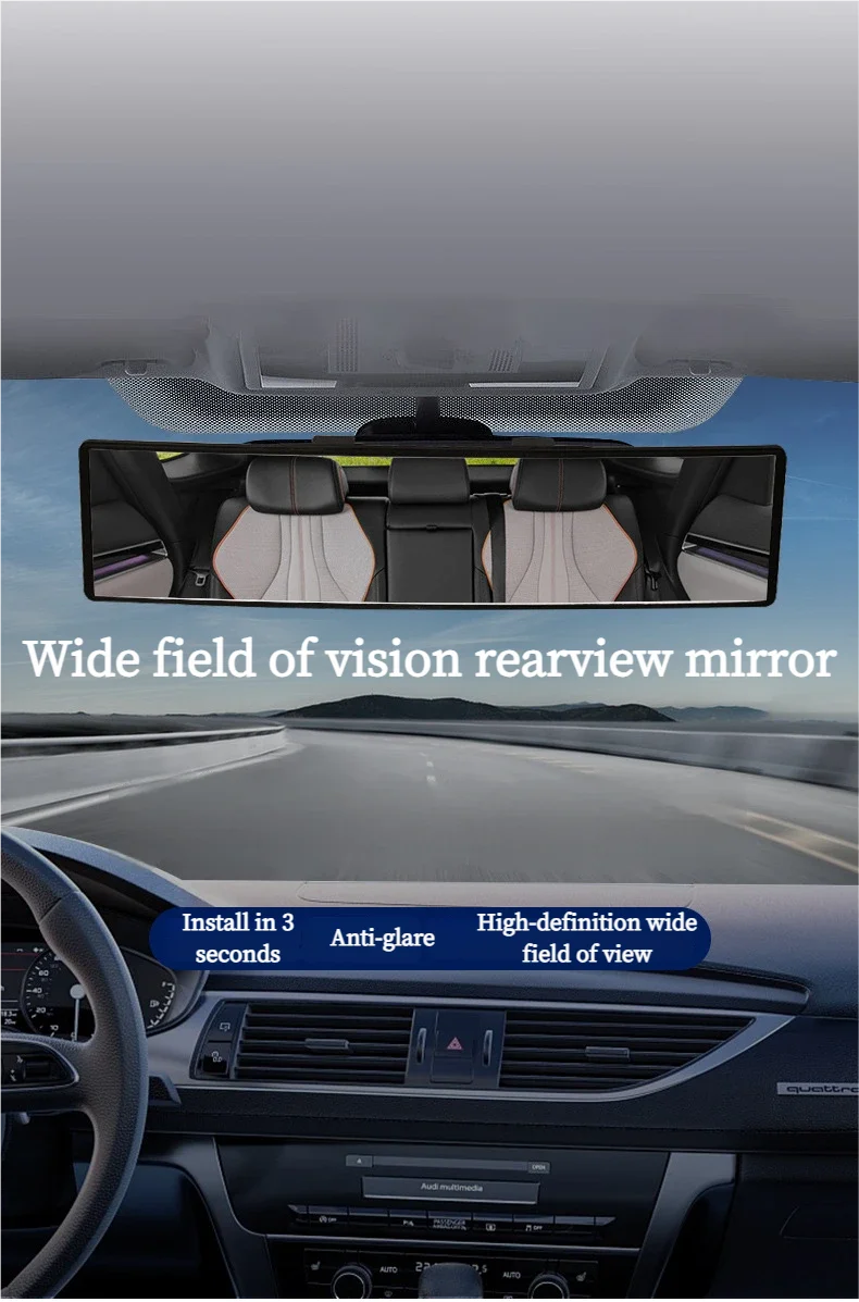 Universal Anti-Glare Wide-Angle Convex Rearview Mirror Car Interior Easy Clip-On 285mm HD Panoramic Anti-Fog Safety Accessory