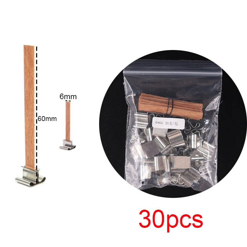 30pcs Wooden Candle Wicks Candle Making Set Wicks with Clip Base  Naturally Smokeless Wood Core for DIY Candle Jar Making Tools