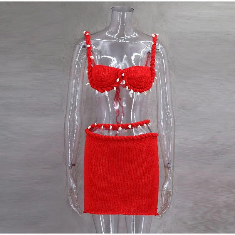 Knit Woven Bra Top Skirt Sets Women Twist Strap Sleeveless Backless Corset Long Skirts Suits Female 2 Pieces Seaside Vacation