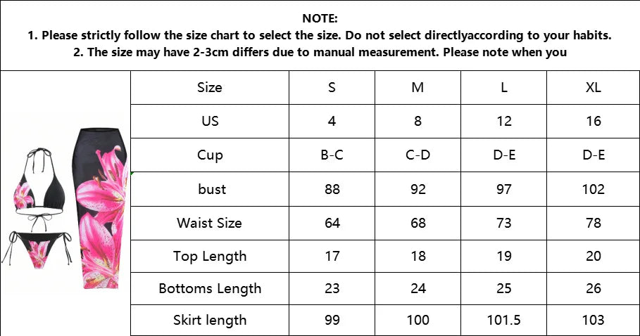 2026 New Flower Print Bikini Set Women's High Waist Long Skirt 3 Piece Swimsuit Sexy Mini Triangle Backless Thong Bathing Suit