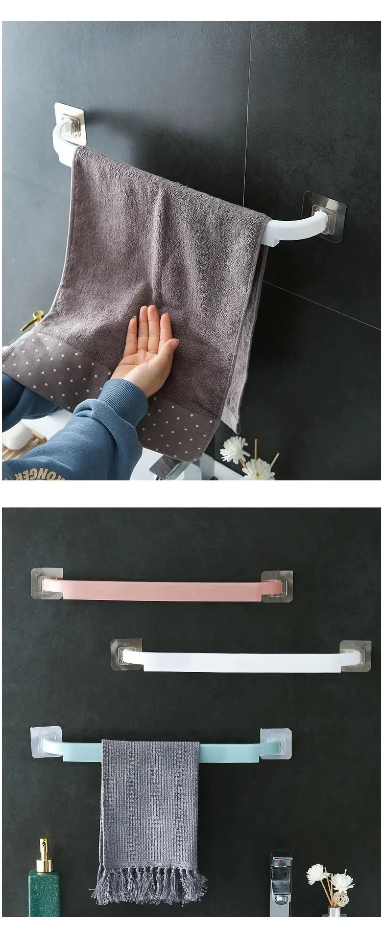 Adhesive Towel Rack for Bathroom Towel Bar Bath Shelf Wall Mounted Towel Hanger Toilet Suction Cup Holder Kitchen Organizer