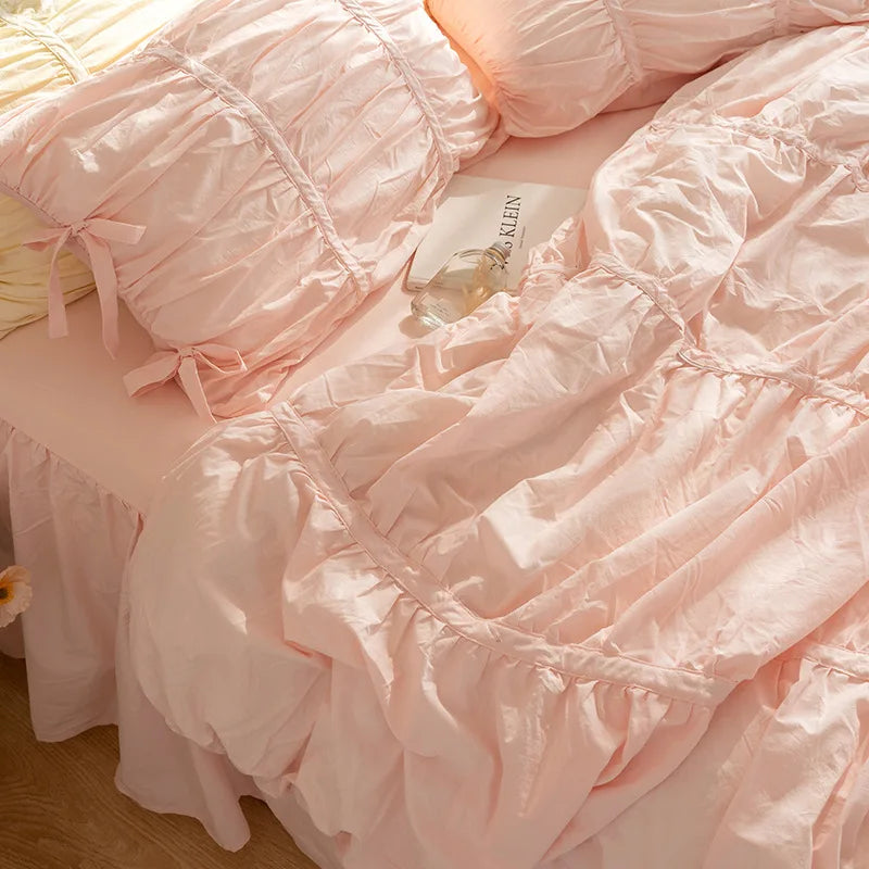 100% Cotton Washed Ruffle Bedding Set White Duvet Cover Set Queen King Size With Bow Ties Ultra Soft Breathable 4Pcs Bedclothes