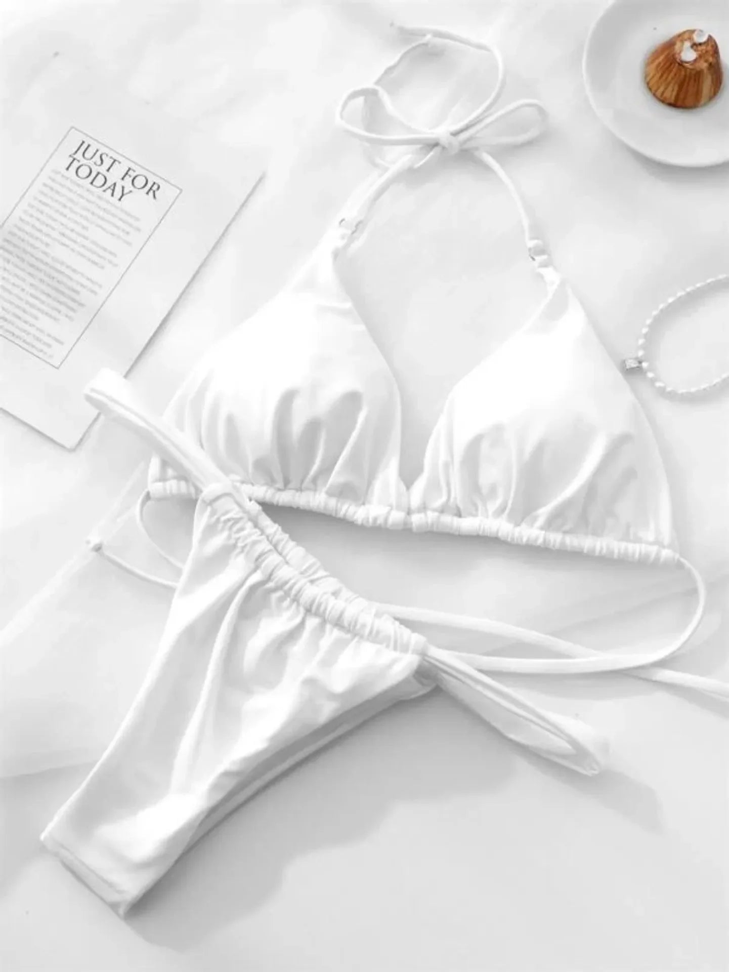 2025 Yearly Bikini Swimsuit Women's Separate Strap Pure Color Fabric Chest Pad Gathered Casual Beachwear Swimwear Set
