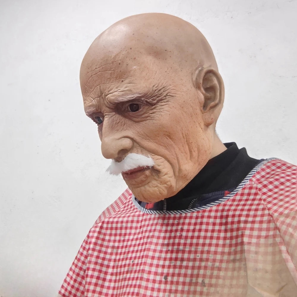 Realistic Full Head Latex Mask with Beard for Men Halloween Costume Party Prop Old Man Cosplay Headgear