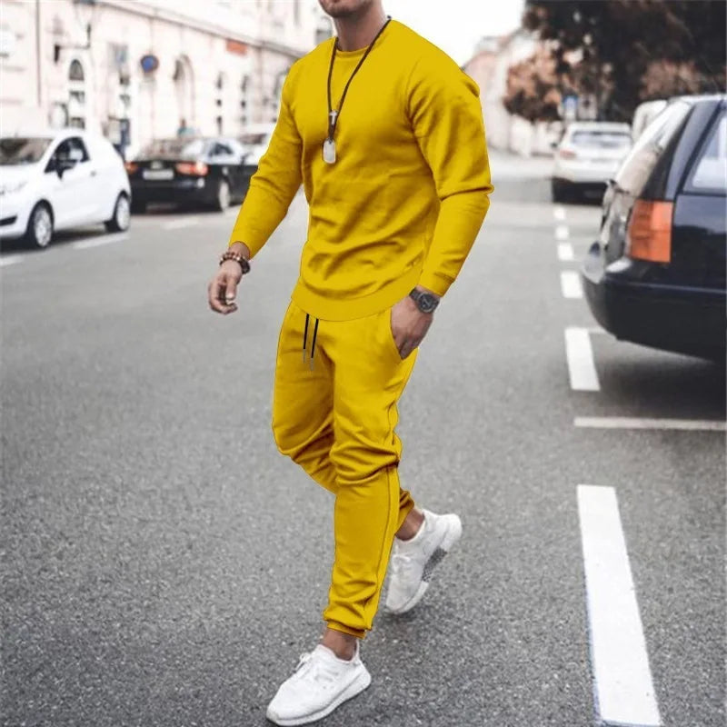 Men's Two-Piece Set O-Neck 2 Pieces Sets Tracksuit Hooded Sweatshirt +Drawstring Pants Male Sport Hoodies Running Sportswear