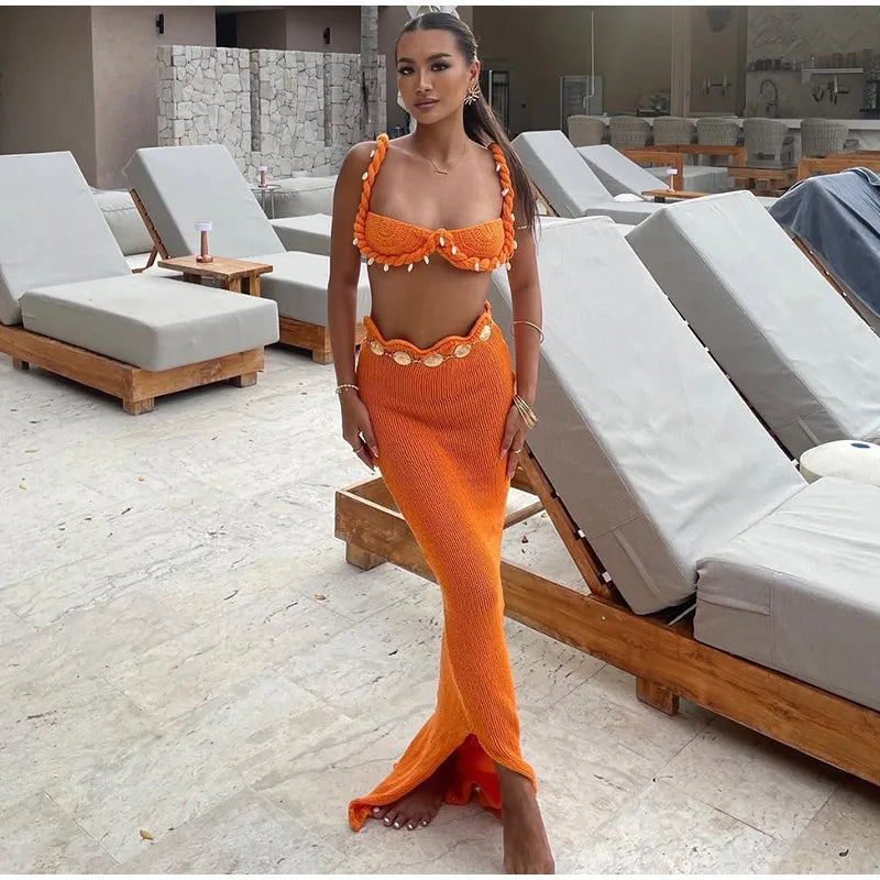 Knit Woven Bra Top Skirt Sets Women Twist Strap Sleeveless Backless Corset Long Skirts Suits Female 2 Pieces Seaside Vacation