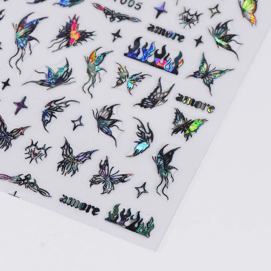 1PCS Black White Butterfly Laser Nail Stickers Y2K Nail Art Decoration Abstract Lines Bronzing Flowers Stickers For Nails