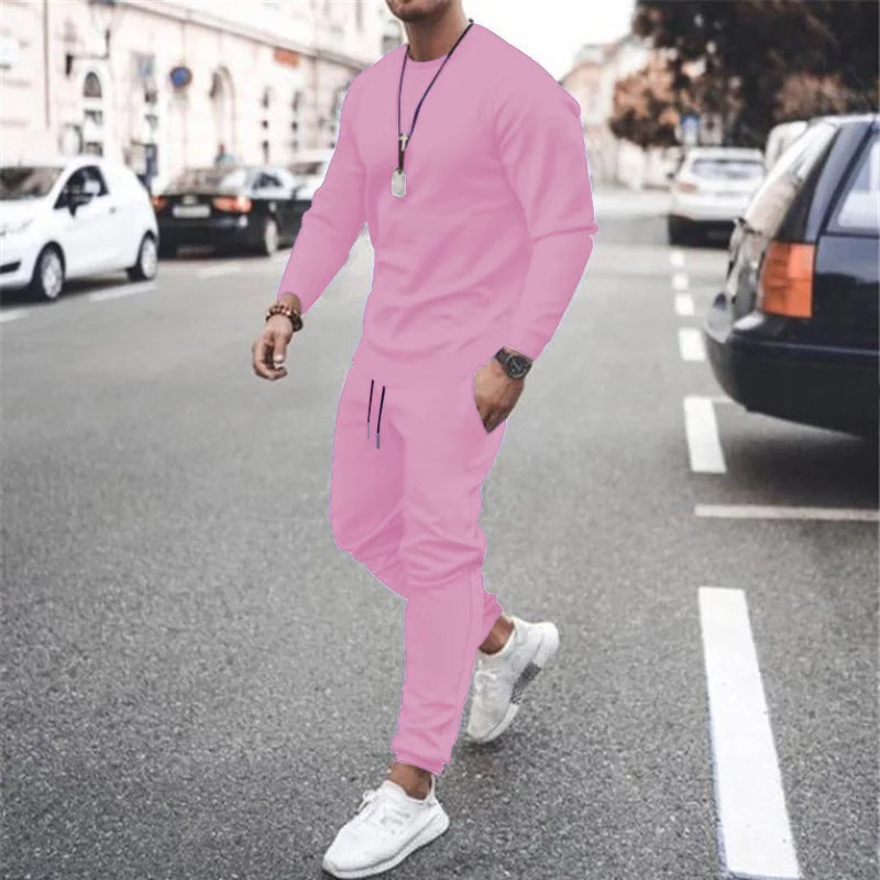Men's Two-Piece Set O-Neck 2 Pieces Sets Tracksuit Hooded Sweatshirt +Drawstring Pants Male Sport Hoodies Running Sportswear