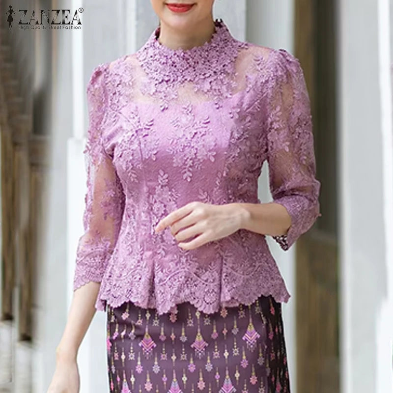 Summer Lace Blouse Women Tops Vintage Hollow Out Floral Blusas 3/4 Sleeve O Neck Tunics 2025 ZANZEA Casual Transparent Pullover