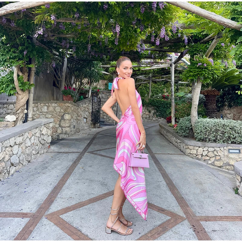 Fashion Halter Printed 3 Pieces Sets Women Lace Up Sleeveless Backless Tops Mini Shorts Asymmetric Skirts 2026 Summer Lady Suits