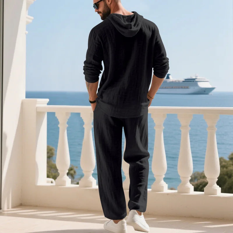 Men's Linen Hooded Sets 2 Piece Outfit Summer Casual Long Sleeve Hoodie and Wide Leg Pants Set for Men