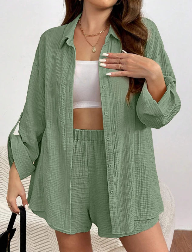 Solid Color Casual Loose Short Pants Sets For Women 2025 Elegant Summer Women's Two Pieces Suit Full Set Female Outfit Clothes