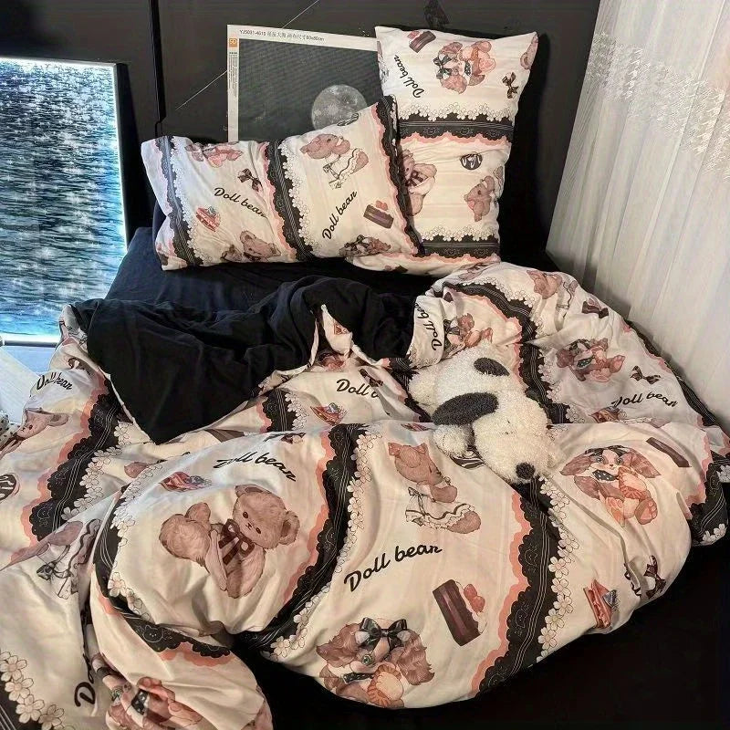 Cute Rabbit Bedding Set New No Filler Ins Floral Duvet Cover Flat Sheet Pillowcases Twin Queen Size Girls Boys Comforter Cover
