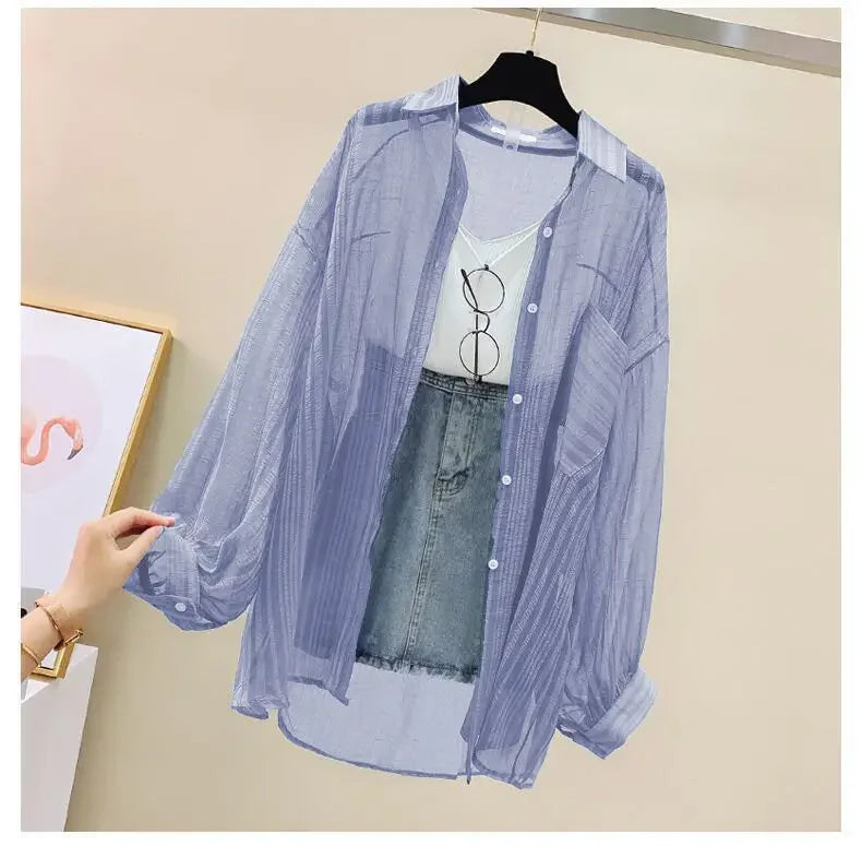 Summer Women's Elegant Chiffon Sunscreen Shirt Korean Harajuku Style See-Through Loose Blouse Thin Perspective Cardigan Yk2 Tops
