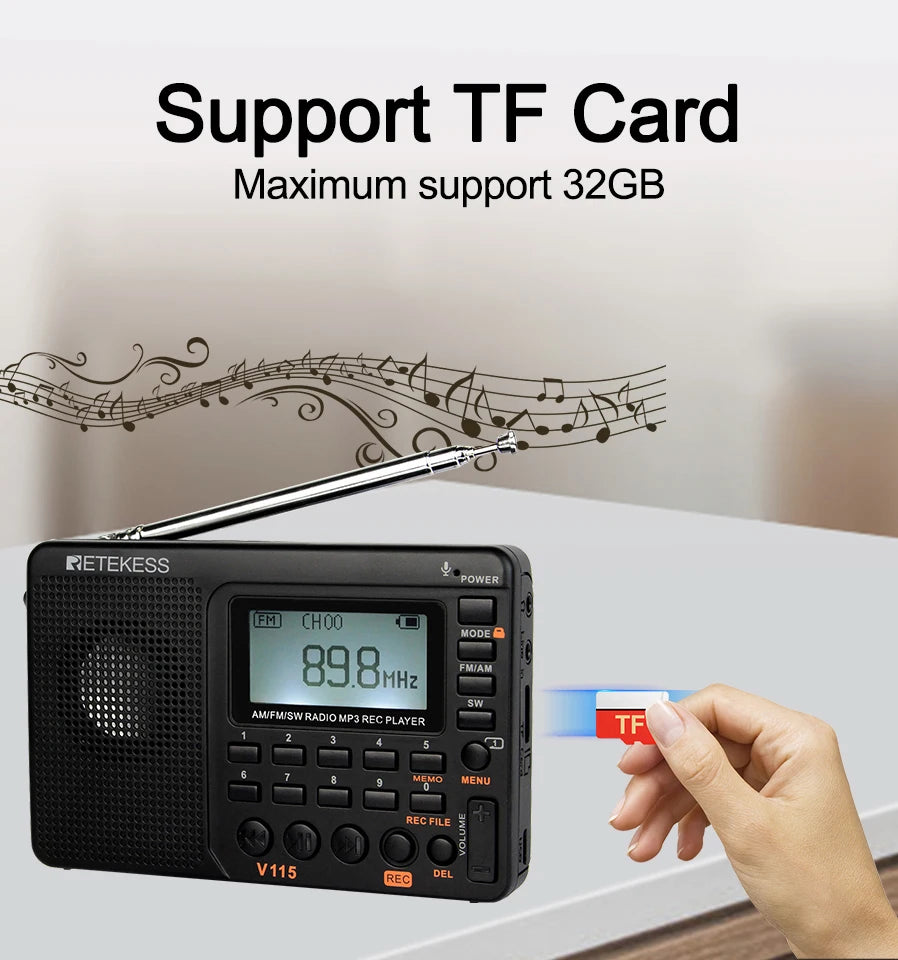 RETEKESS V115 Radio FM AM SW Portable Radios Rechargeable  Radio Batteries multiple bands  USB Recorder Speaker for Elders TX32