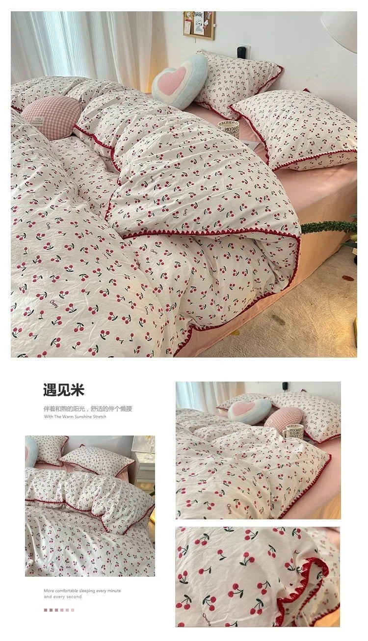 Bedding Set  Girls Cherry  Soft Washed Cotton Bed Sheet Queen King Size Duvet Set  Comforter Set Pillowcase Bed Linens