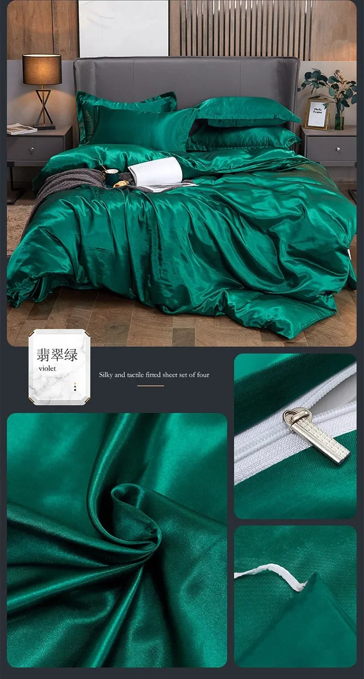 Solid Color Silk-like Bedding European and American Bed Sheet Quilt Cover Pillowcase