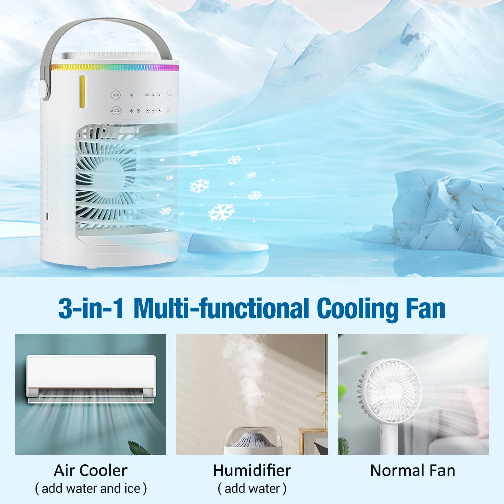 Air Conditioner Cooling Spray Fan Air Conditioner with Water Ice Evaporative Humidifier Quiet Air Cooler with Colorful Light