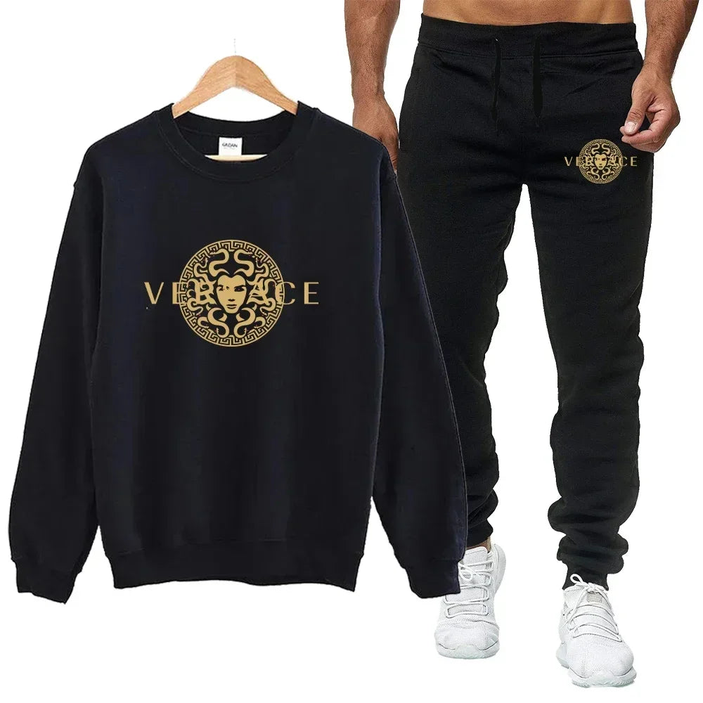 Men's autumn round neck sweatshirt set, luxurious printed simple casual sports set