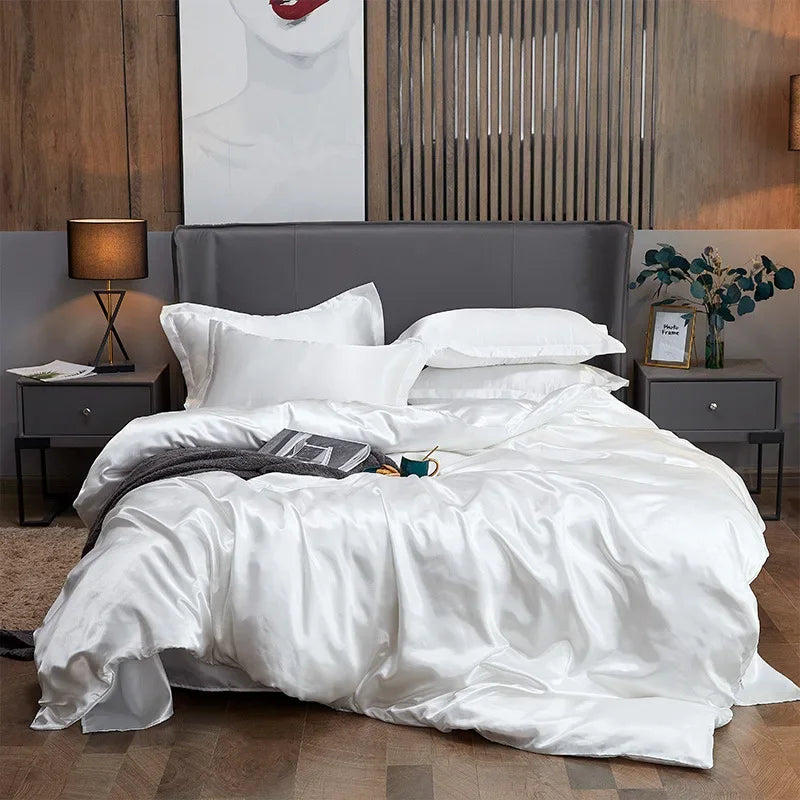 Solid Color Silk-like Bedding European and American Bed Sheet Quilt Cover Pillowcase