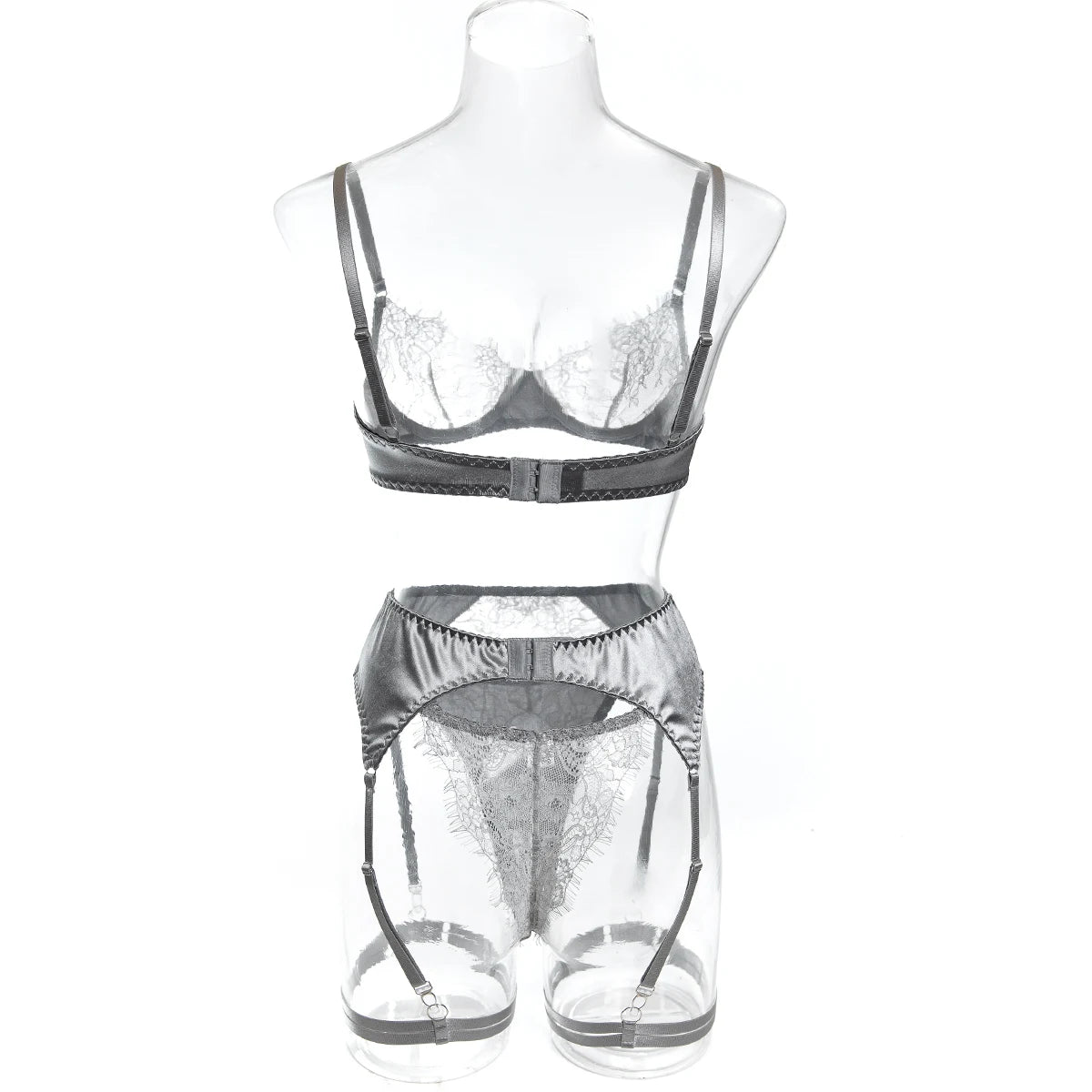 Sexy 3PCS Lace Satin Lingerie Set Underwire Bra + Garter Belt + Thigh Harness Sheer Lenceria Women Erotic Underwear