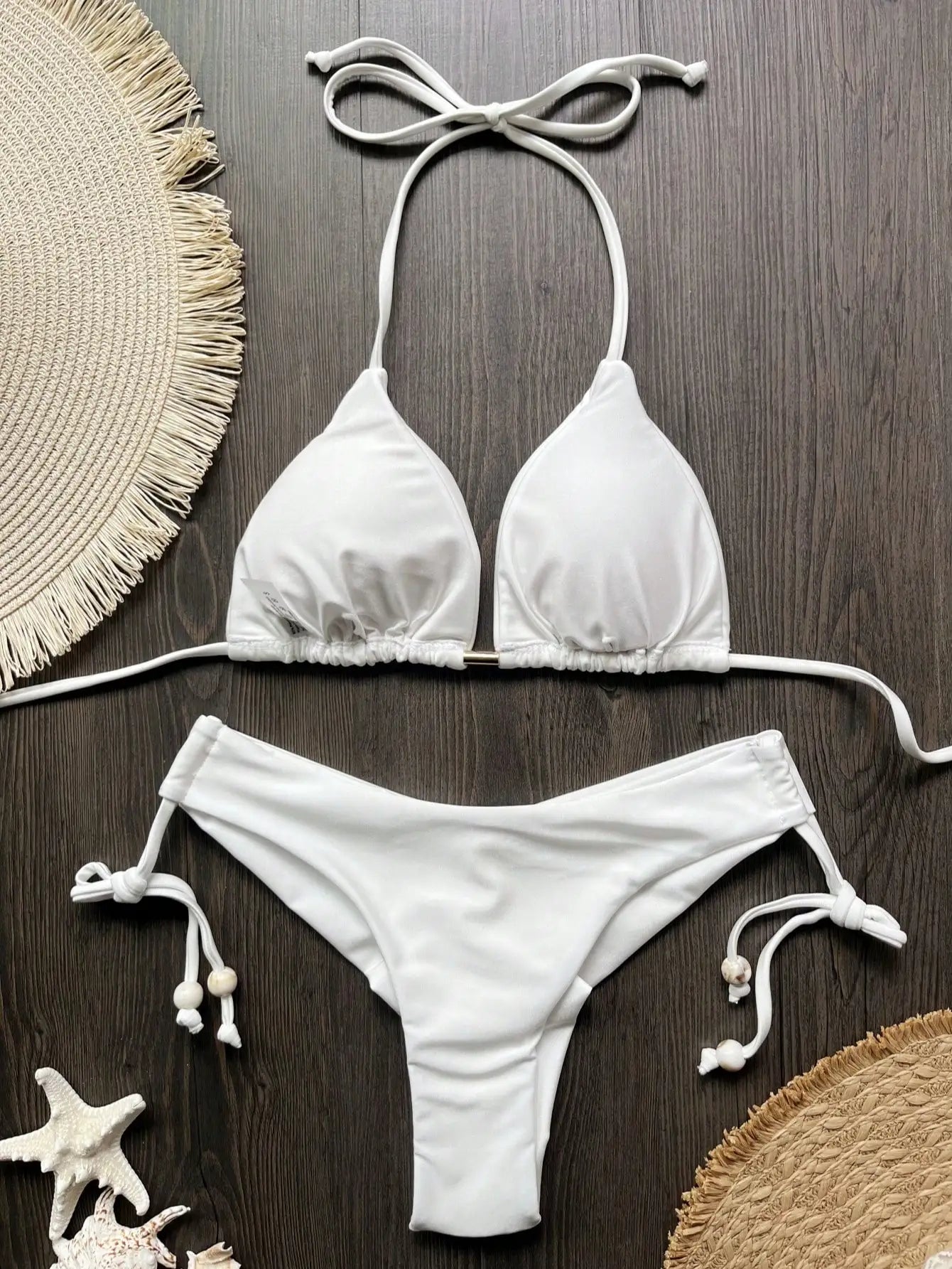 Solid color bikini set 2026 women's new swimsuit 2-piece set bead neck hanging bikinis summer beach Swimwear