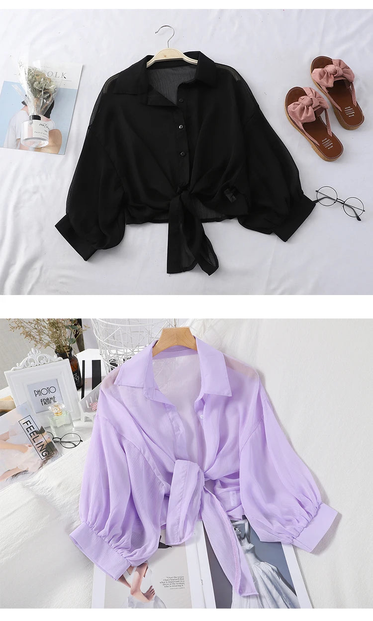 Summer Sun-protective clothing Casual Loose Clothes Elegant Solid Color Tied Waist Blouse Bat Half Sleeve Button Chiffon Shirt