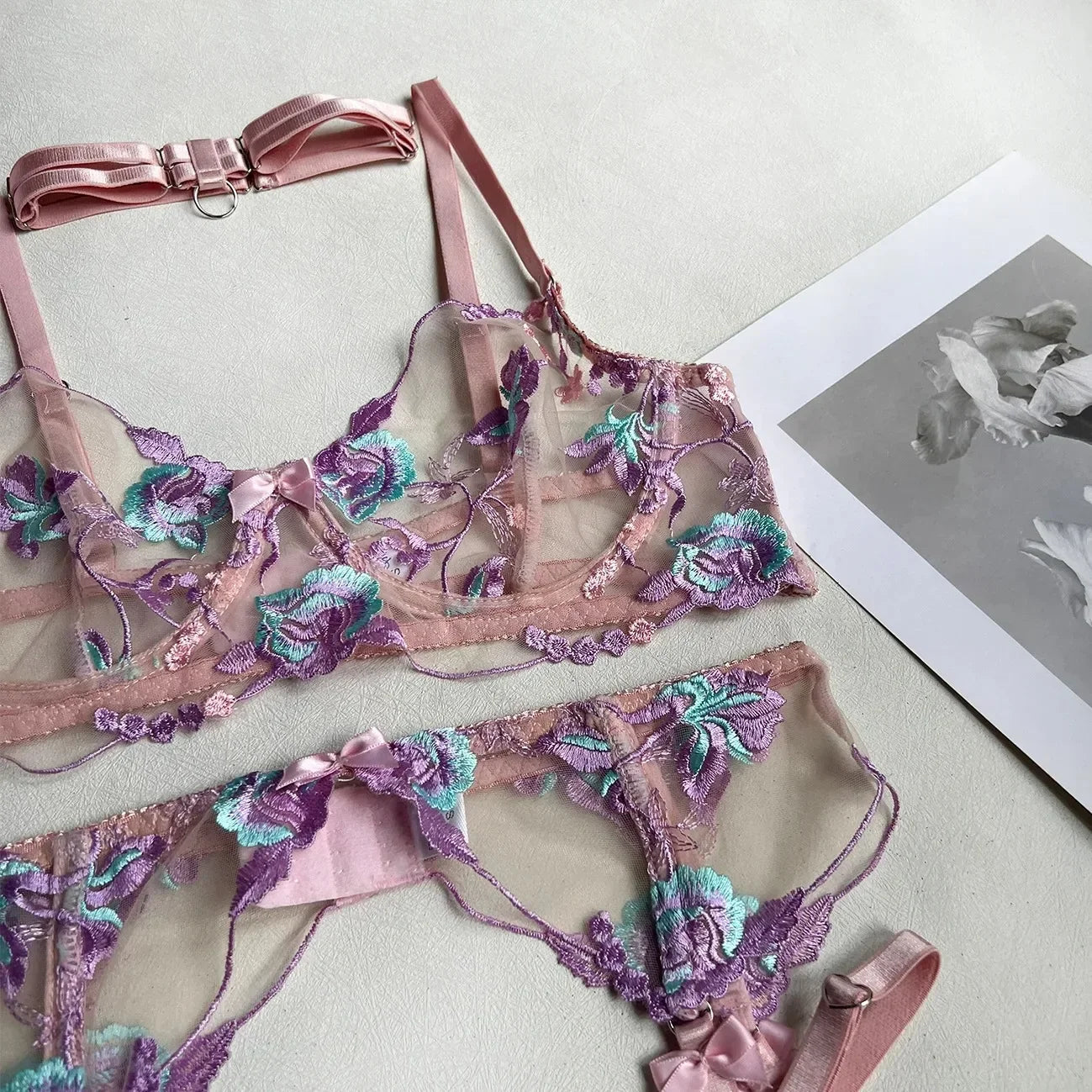 Lenceria Sexi Porno Mujer Sutiã Bordado De Renda Sutiã Tra Lenceria Set Yimunancy-Conjunto De Lingerie Bordado Floral Feminino