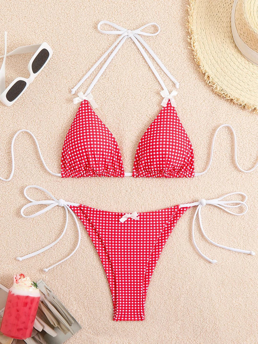 Sexy Bikini Women's Swimsuit Butterfly Decor Checked Swimwear 2026 Halter Thong Bikinis Sets Swimming for Beachwear Bathing Suit