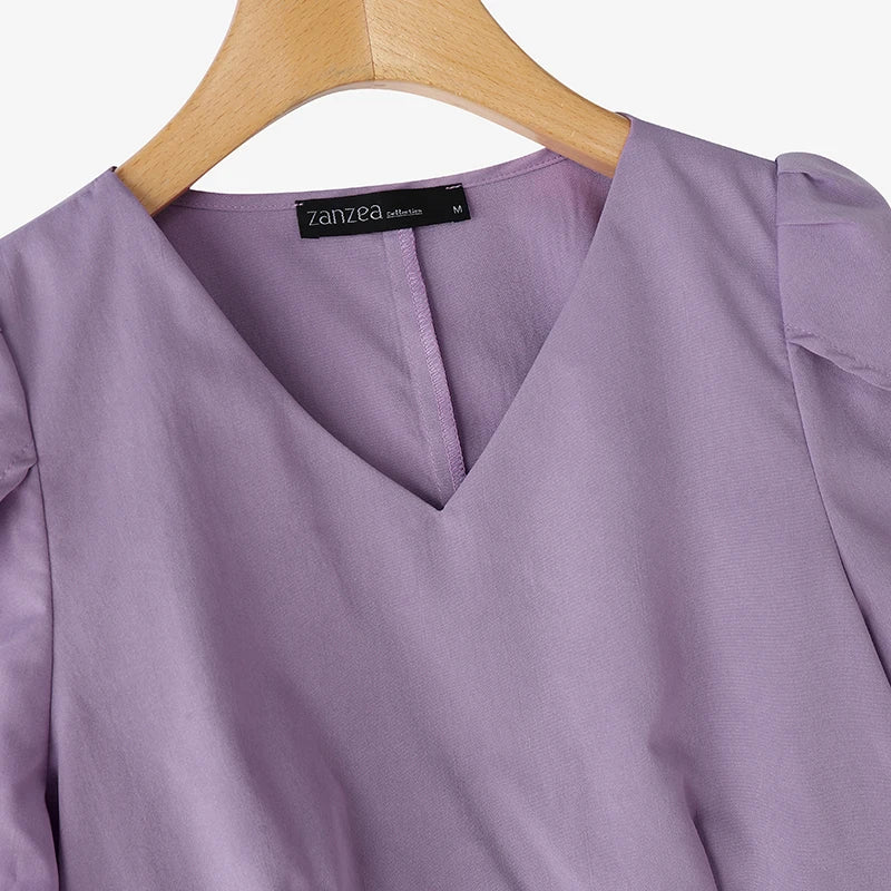 Summer Short Puff Sleeve Blouse ZANZEA Women Tunic Tops 2025 Fashion Solid Color Shirts Sexy V-Neck Casual Blusas Streetwear