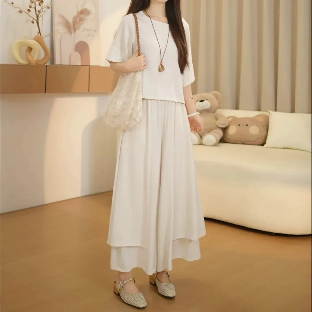 Fashionable Summer Outfit Women's Slimming Short Sleeve T-Shirt Skirt Pants Drapey Casual Meat Concealing Two-Piece Set
