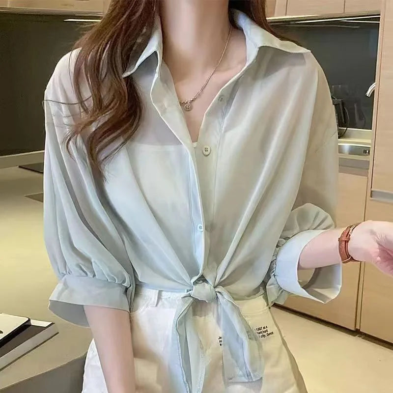 Xpqbb Summer Sun Protection Shirts Ladies Solid Color Tied Waist Half Sleeve Button Blouse Women Casual Loose Chiffon Shirt