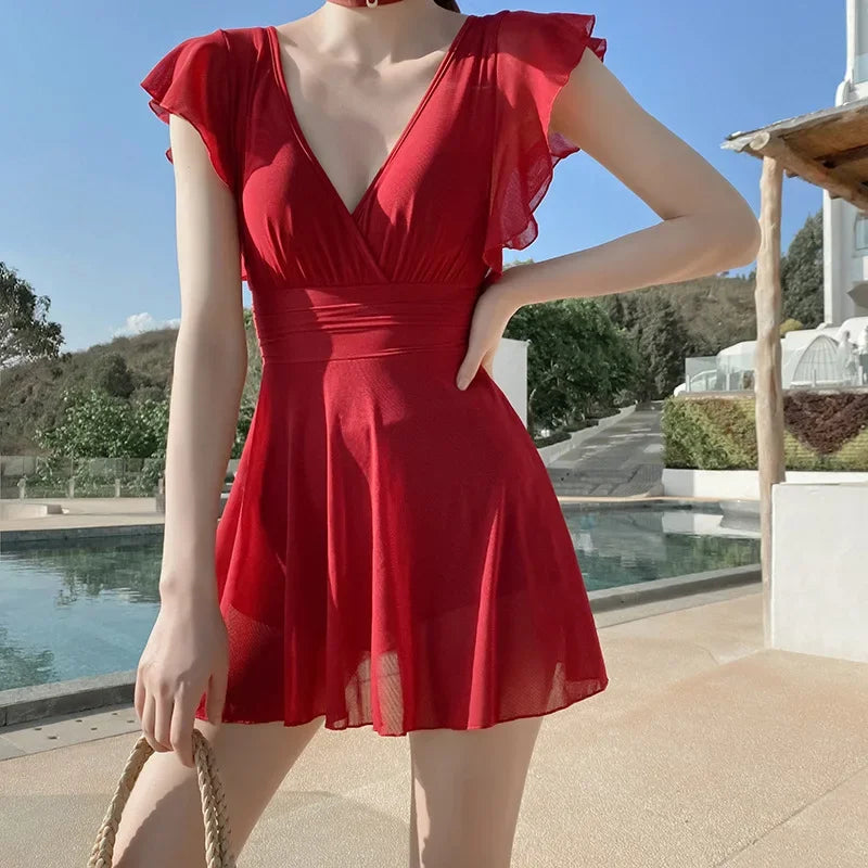 2026 New Swimsuit One-piece Swim Suit Sexy V Neck Swimwear Hot Spring Beach Bathing Skirt Dress Women