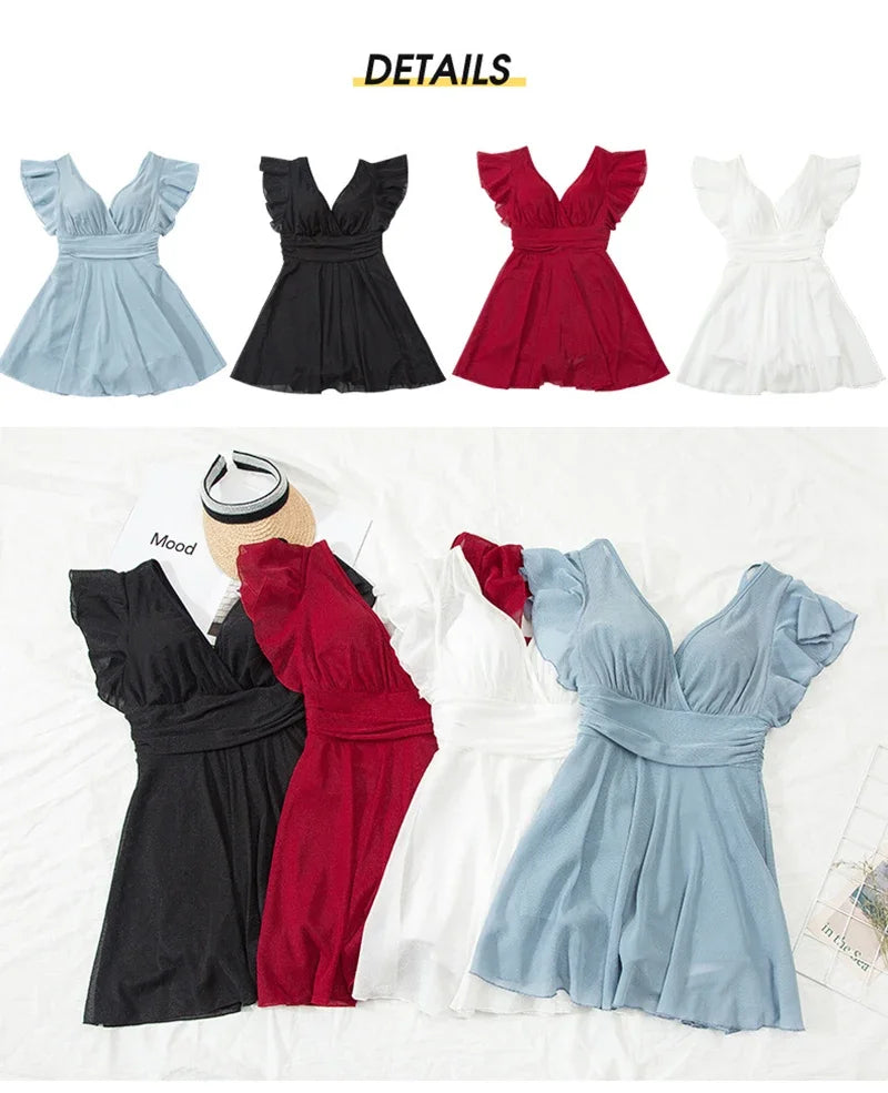 2026 New Swimsuit One-piece Swim Suit Sexy V Neck Swimwear Hot Spring Beach Bathing Skirt Dress Women