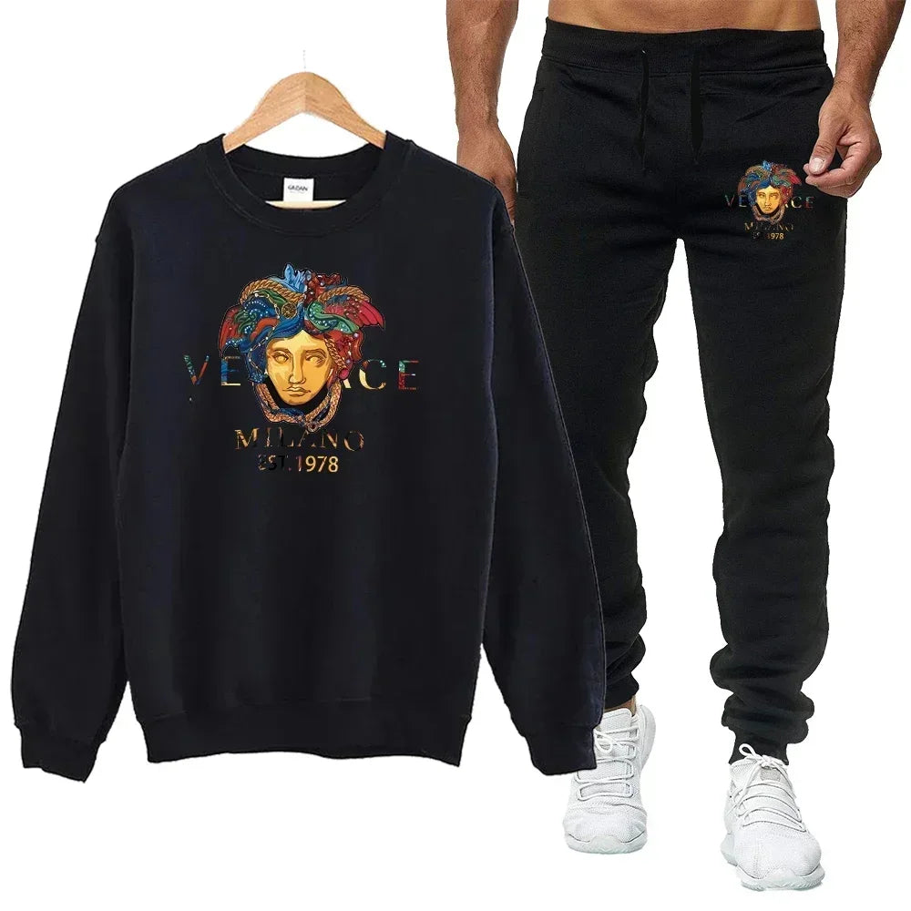 Men's autumn round neck sweatshirt set, luxurious printed simple casual sports set