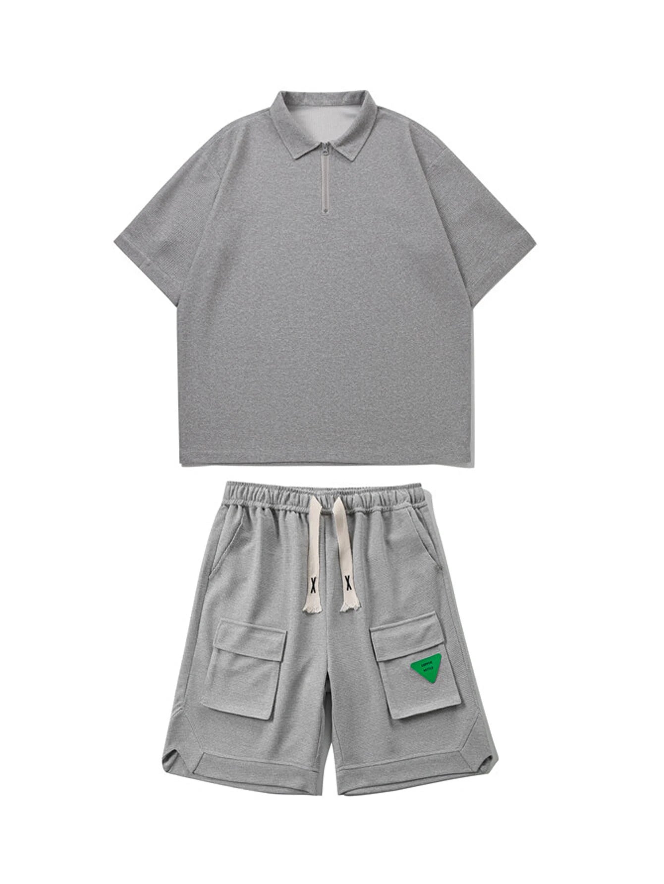 2-piece men's summer casual outdoor set, fashionable collar short sleeved T-shirt and pocket shorts set, with drawstring, suitab