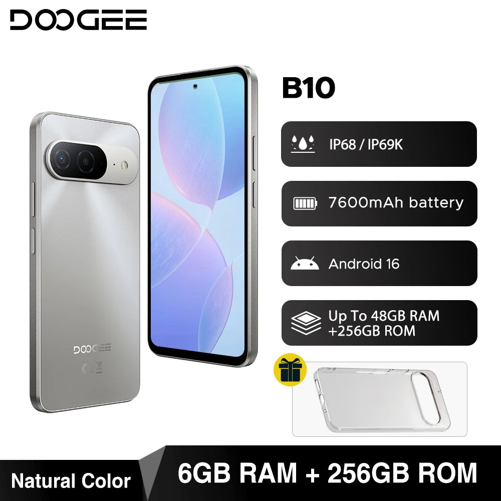Global Version DOOGEE B10 Smartphone Android 16 7600mAh Battery 6GB 256GB 6.6'' Display 64MP AI Camera IP68 / IP69K Mobile Phone