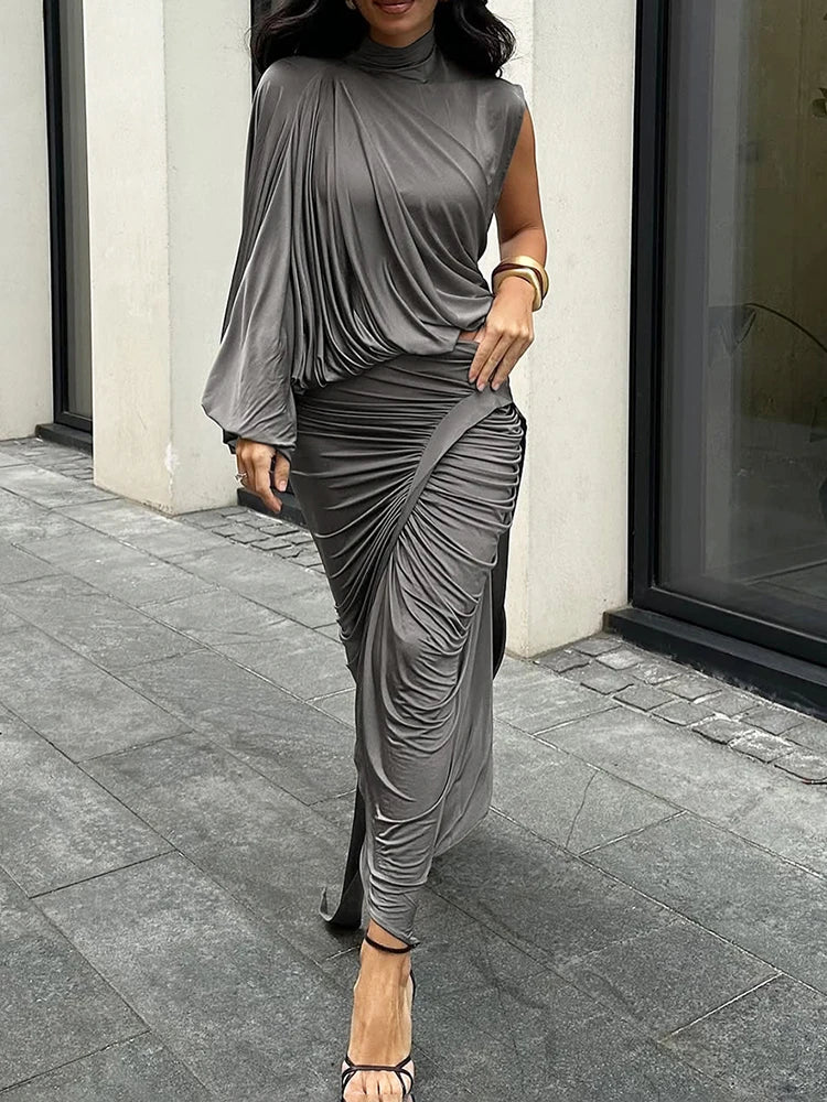 kliou Unique Irregular Women 2 Piece Set Solid Swinging Pleated Single Full Sleeve Turtleneck Tops+Matching Split Maxi Skirts