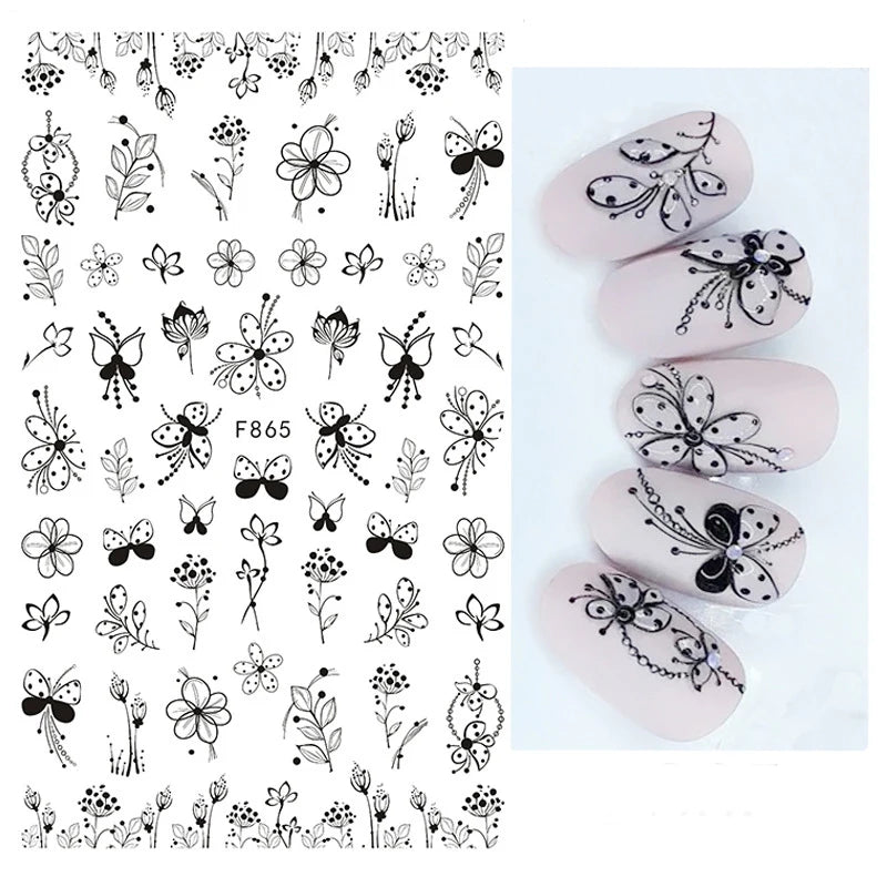 1PCS Black White Butterfly Laser Nail Stickers Y2K Nail Art Decoration Abstract Lines Bronzing Flowers Stickers For Nails