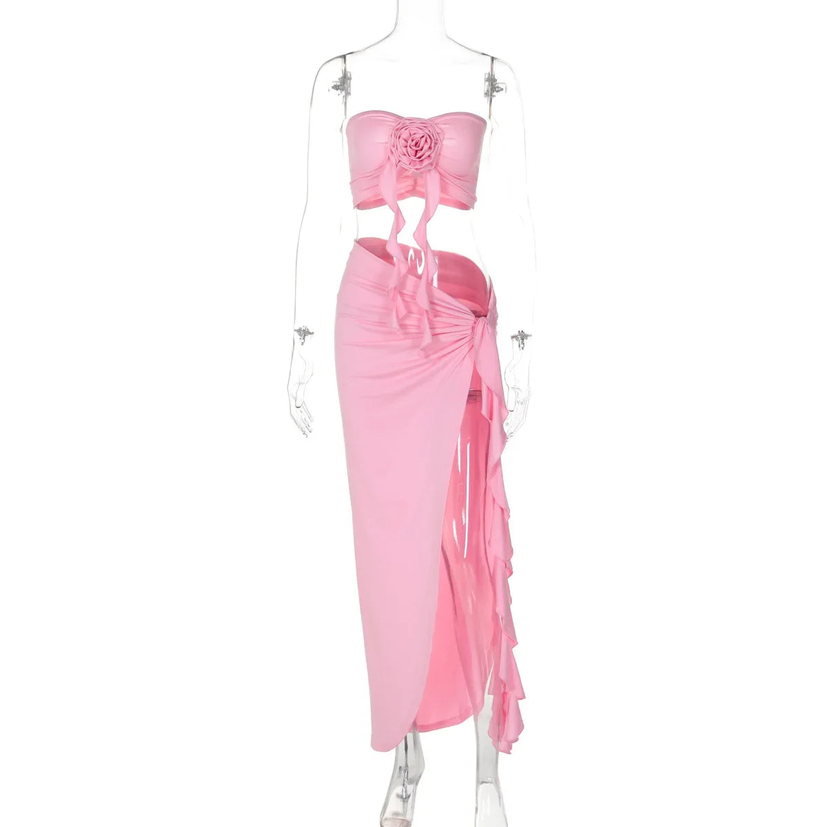 Women's Elegant Two Pieces Dresses Suits Flower Corset Top and High Slit Long Skirts Matching Sets Red Pink Vacation Outfit 2026
