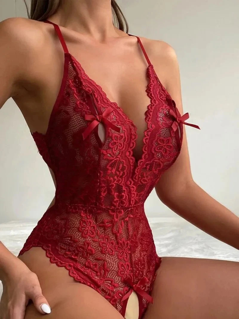 Lenceria Mujer Sexi One Pieces Open Bra Underwear For Sex Women Blue Deep V Crotchless Lingerie Sets Lace Transparent Bodysuits