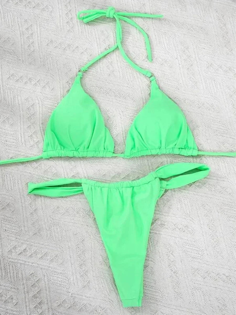 PU Pleated Ruched Bikinis Mini Micro Thong Bikini Women Swimwear Female Swimsuit Two-pieces Bikini Set Halter Bathing Suit Swim