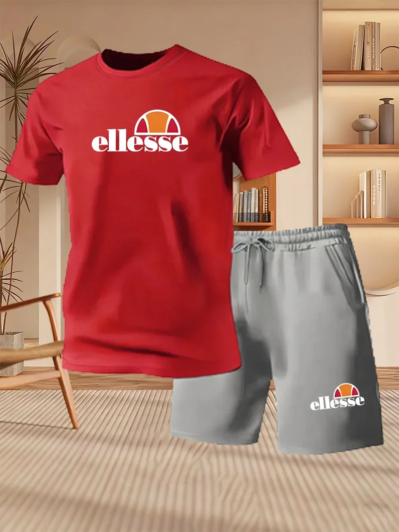 2026 Summer New Men's Fashion Outdoor Sports Set Printed Short Sleeve T-shirt+Shorts Loose Home Leisure Two Piece Set