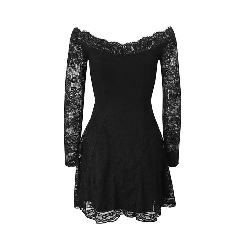 Summer Women Dress French Style One Shoulder Lace Dress Sexy Short Black Date Night Gown High Waist Long Sleeve Dresses Clothing