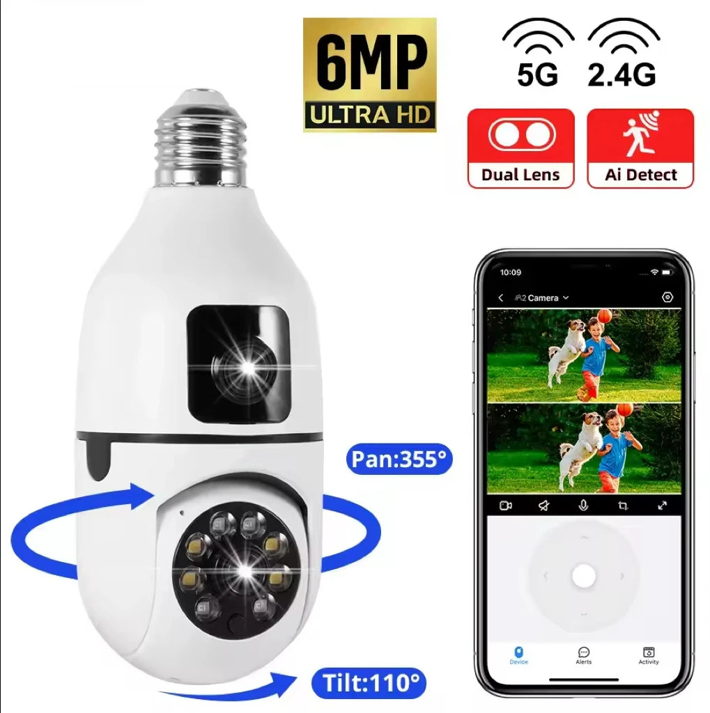 CCTV Security Camera with Dual Lens, PTZ Camera, Night Vision, Human Detection, Wi-Fi, Smart Home, 6MP Bulb, 2.4Ghz