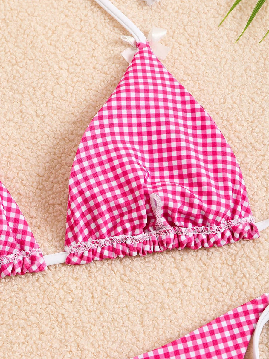 Sexy Bikini Women's Swimsuit Butterfly Decor Checked Swimwear 2026 Halter Thong Bikinis Sets Swimming for Beachwear Bathing Suit