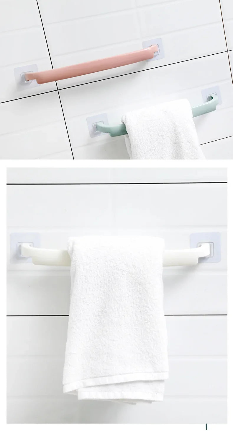 Adhesive Towel Rack for Bathroom Towel Bar Bath Shelf Wall Mounted Towel Hanger Toilet Suction Cup Holder Kitchen Organizer